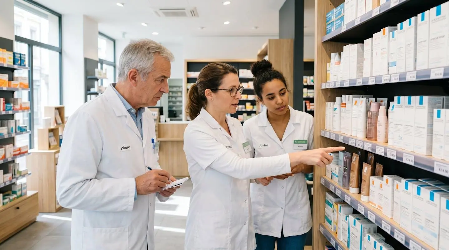 Petite équipe officinale réunie autour d'un rayon en début de journée pour un briefing sur une animation commerciale en cours