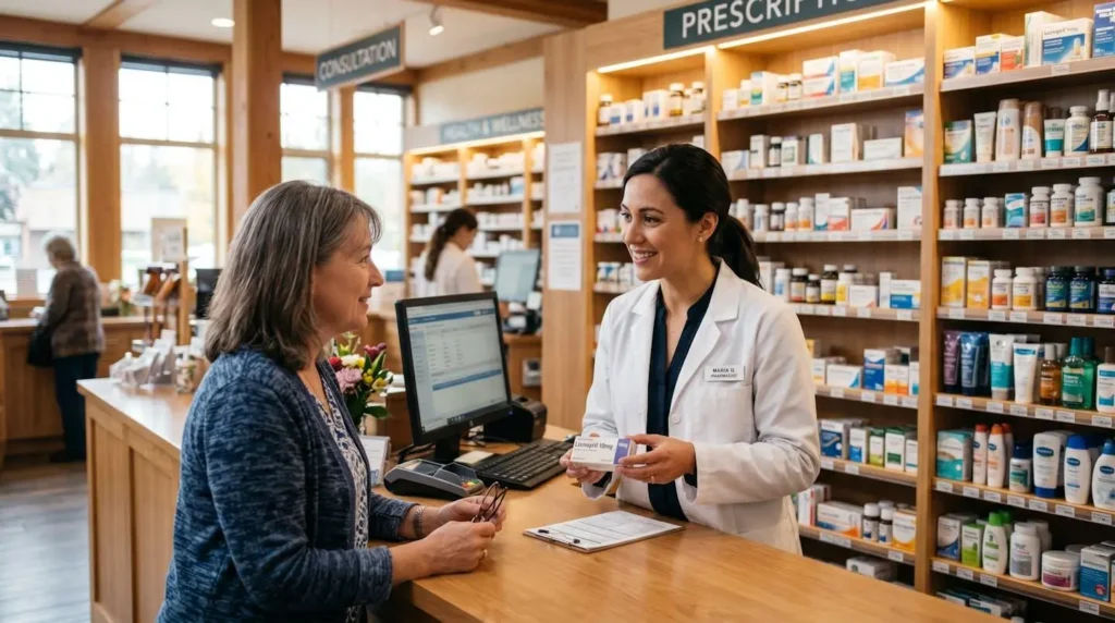 Pharmacienne discutant avec un client au comptoir d'une officine lumineuse, en situation de conseil personnalisé
