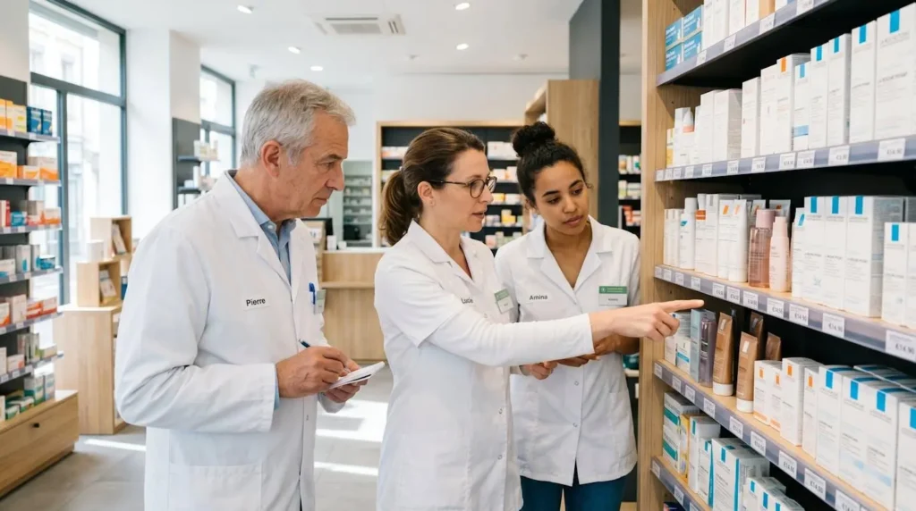 Petite équipe officinale réunie autour d'un rayon en début de journée pour un briefing sur une animation commerciale en cours