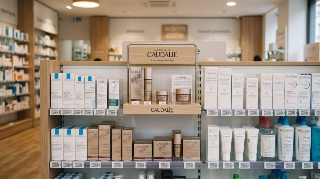 Rayon de pharmacie bien organisé avec un support PLV visible à hauteur des yeux, produits en avant-plan sur une étagère lumineuse